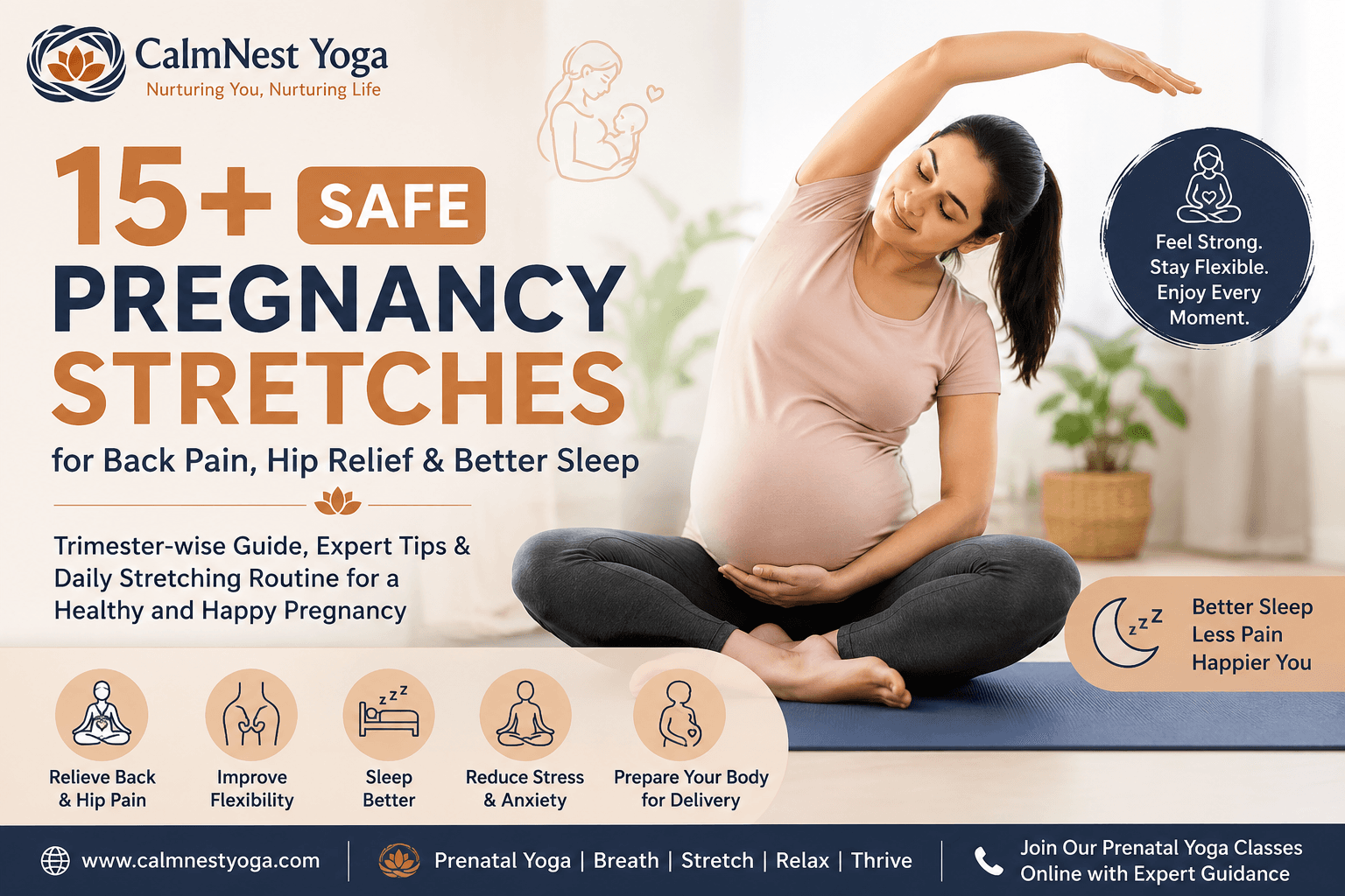 15+ Safe Pregnancy Stretches for Back Pain, Hip Relief & Better Sleep | CalmNest Yoga - pregnancy stretches, prenatal yoga